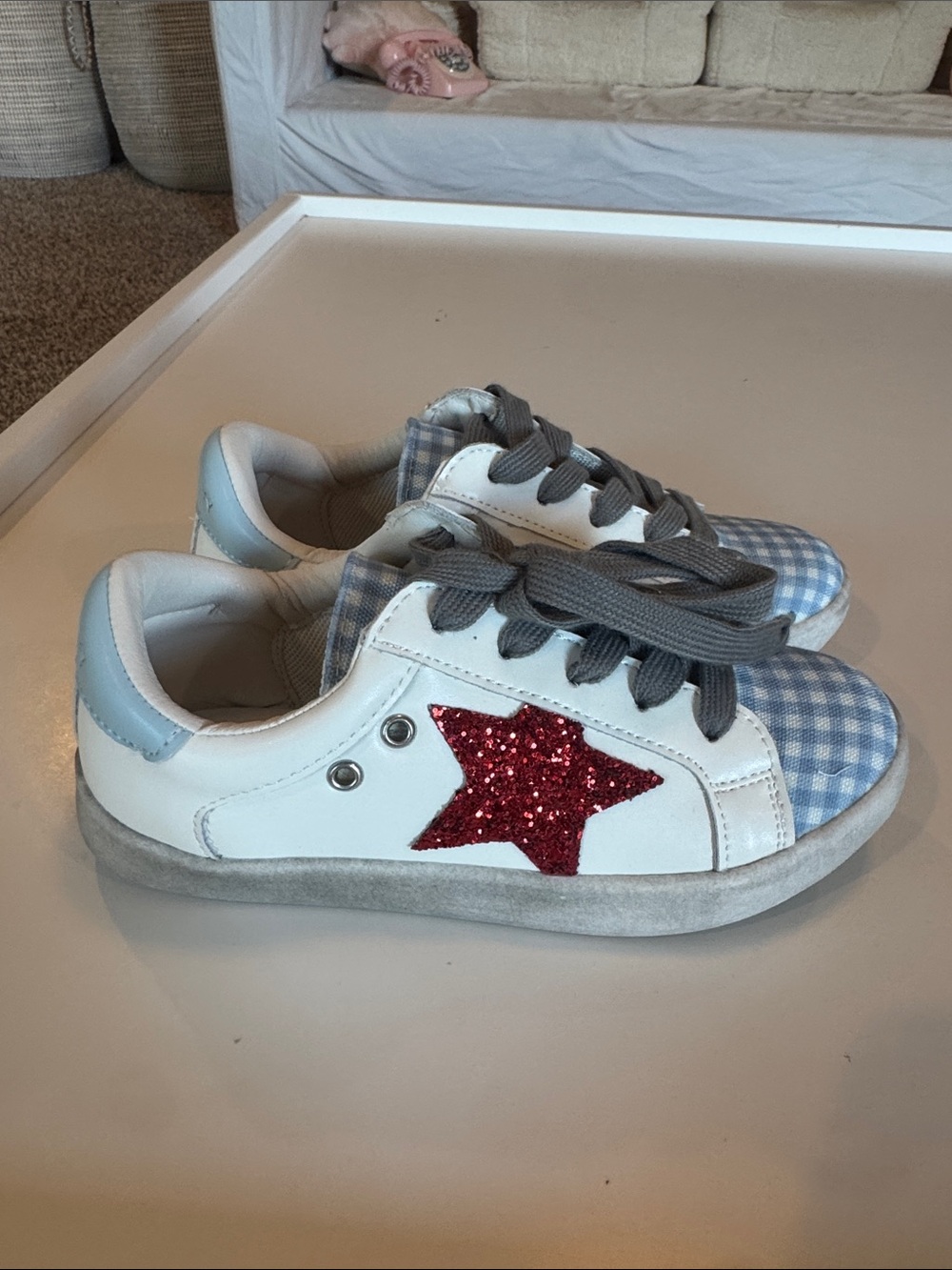 SweetHoney White Sneakers with Red Glitter Star and Blue Gingham